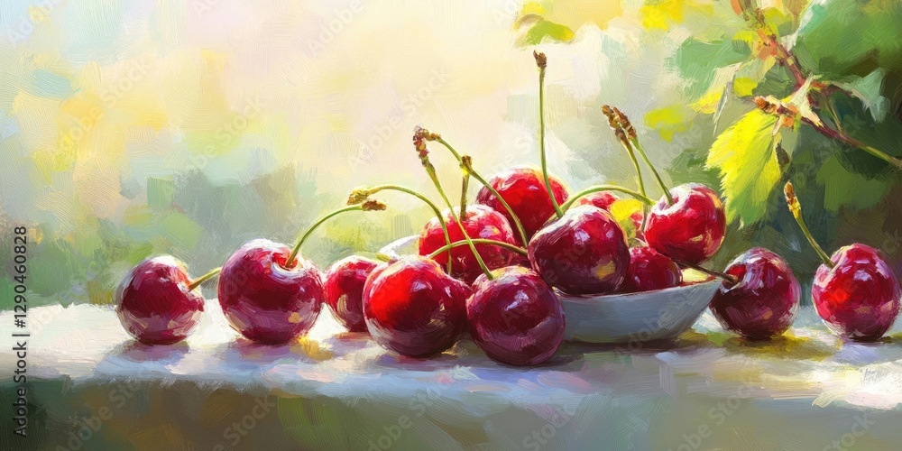 Poster bright red cherries arranged on a white plate with a soft focused green background and warm light cr