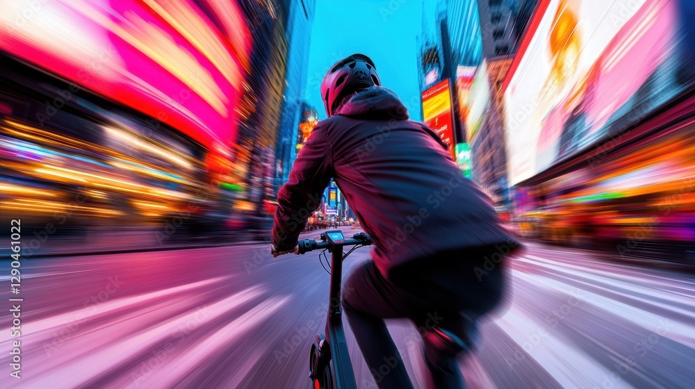 Poster dynamic urban e-scooter ride blurred cityscape with neon lights and futuristic architecture - smart 