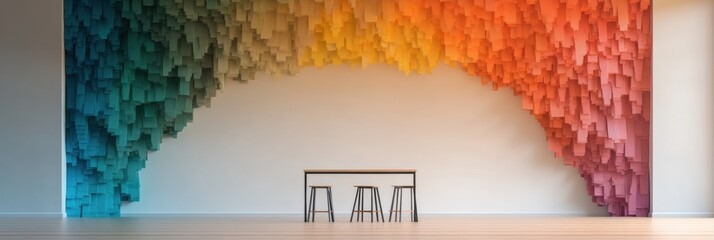 Gradient Textured Wall Installation Contemporary Wooden Workspace with Colorful Art Overarching - Dynamic Learning Space and Inspirational Office Decor