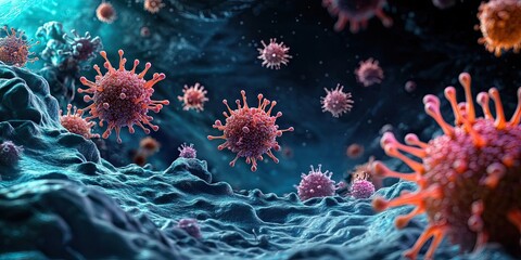 3D illustration of colorful virus particles in a dark environment with a glowing blue background showcasing intricate details and textures.