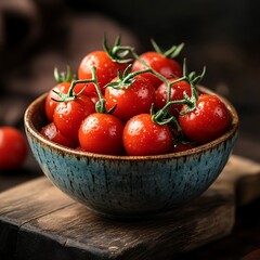 Fresh Cherry Tomatoes in Bowl on Wooden Board
