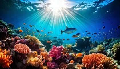 colorful coral reef with light rays in the water