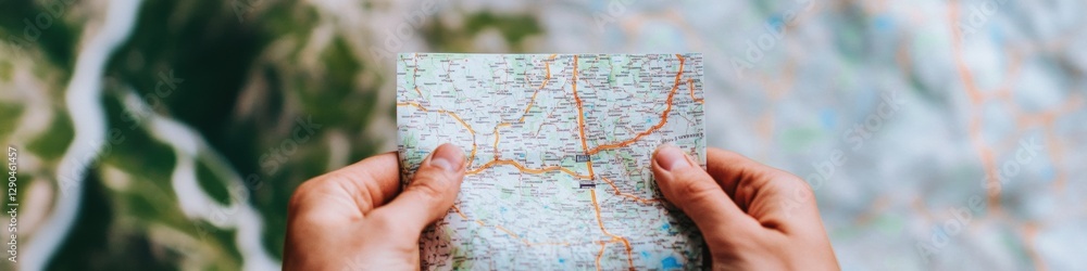 Poster Sleek Digital Navigation Interface Hands Holding Route Map Display with Journey Tracking for Modern Travel Solutions in Tech-Savvy Tourism Marketing