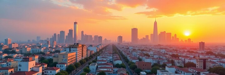 Fototapeta premium Orange & white buildings dominate cityscape skyline, reflection, visual