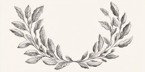 Laurel wreath frame in soft gray with asymmetric leafy branches elegantly arranged, showcasing intricate leaf details on a light beige background.