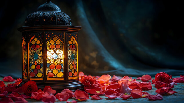 Ornate lantern, glowing light, rose petals, dark background