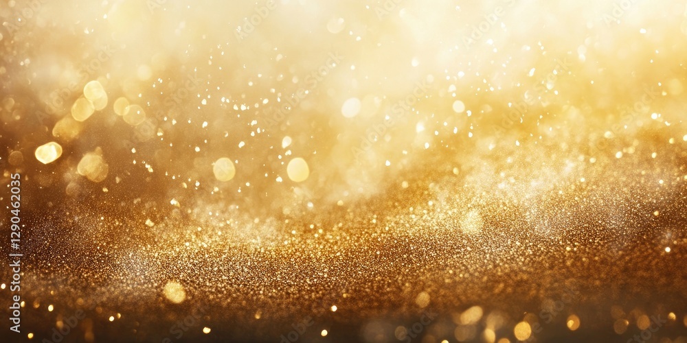 Poster abstract golden glitter background with softly blurred bokeh lights and a sparkling texture, featuri