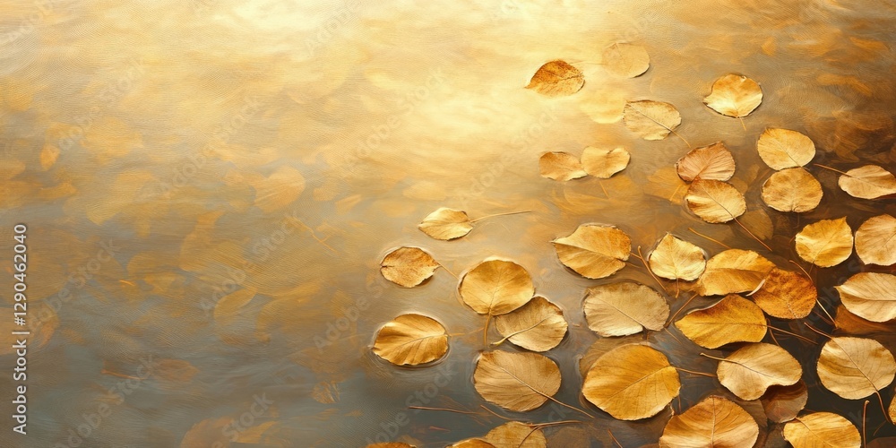 Aufkleber serene golden leaves floating on a calm water surface illuminated by soft daylight reflections creat