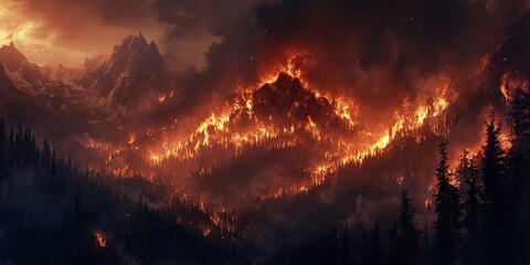 Naklejka premium Dramatic forest wildfire with blazing orange flames engulfing mountains under a dark smoky sky with silhouettes of tall trees in the foreground.