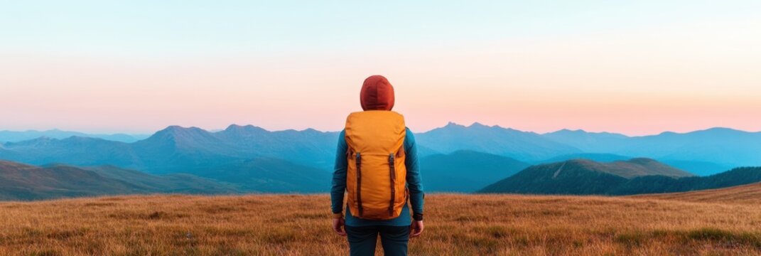 Eco-Chic Mountain Trekking Modern Backpacking Gear against Expansive Valley at Sunset - Outdoor Adventure Marketing and Sustainable Travel Promotions - Powered by Adobe