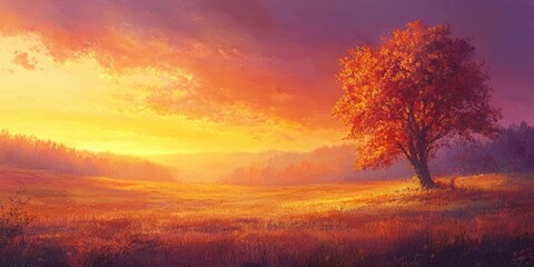 Obraz premium Vibrant sunset landscape featuring a solitary autumn tree in warm orange hues against a purple sky with soft golden rays illuminating the field.
