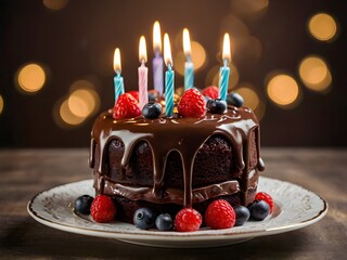 Chocolate birthday cake with chocolate ganache drip icing 
