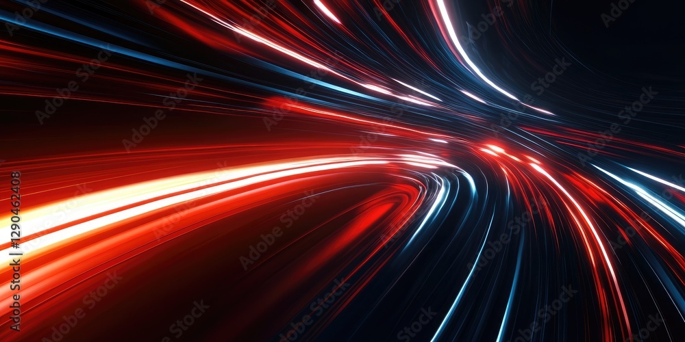 Poster vivid abstract background showcasing dynamic streaks of red and blue light on a dark surface with bl
