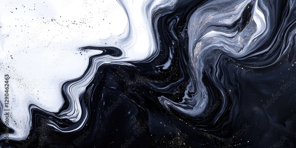 Poster abstract black and white marbled texture with swirling patterns and subtle golden specks, featuring 