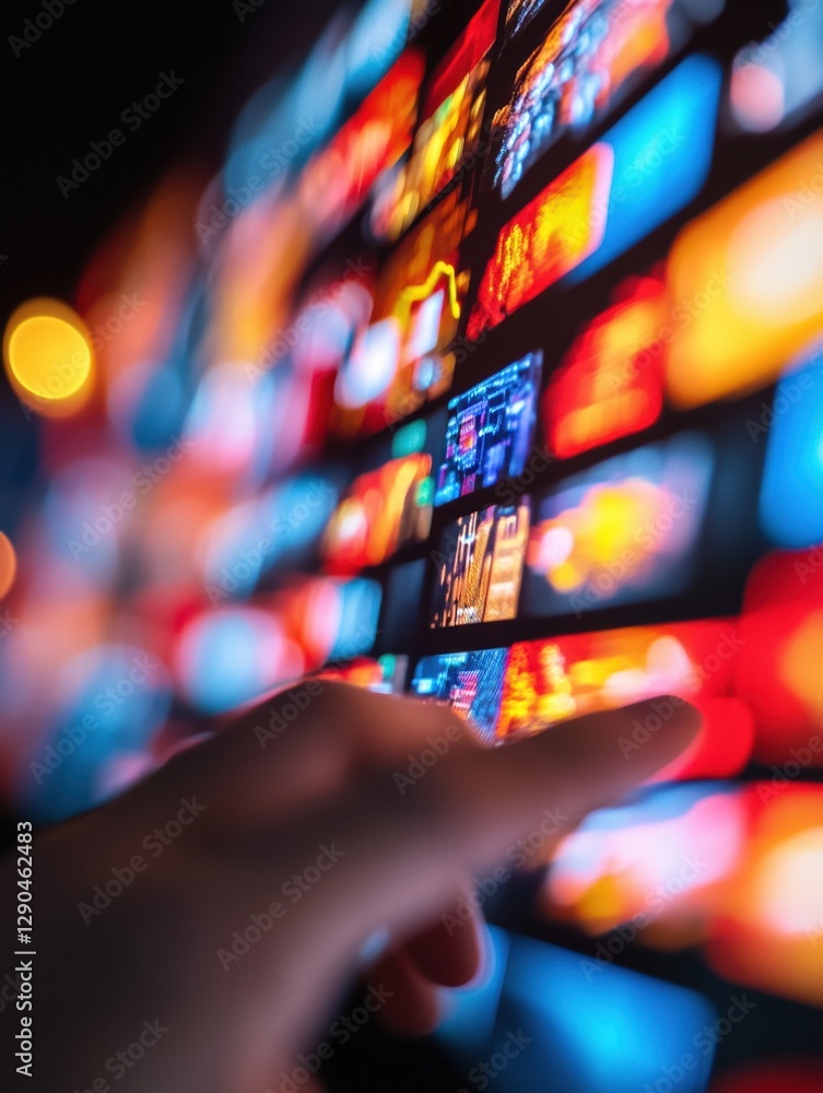 Aufkleber Immersive Financial Tech Interface Dynamic Data Streams on Multi-Screen Neon Display - Advanced Trading Platform Visualization for Modern Market Analysis and Professional Investment Insights