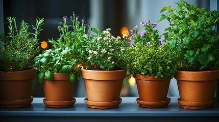 Fototapeta premium Potted herbs on a windowsill at twilight