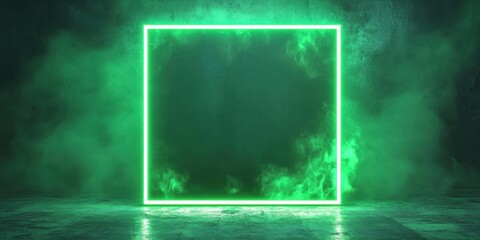 Vibrant green neon square picture frame glowing against a dark smoky background with mist drifting around the edges creating a magical atmosphere
