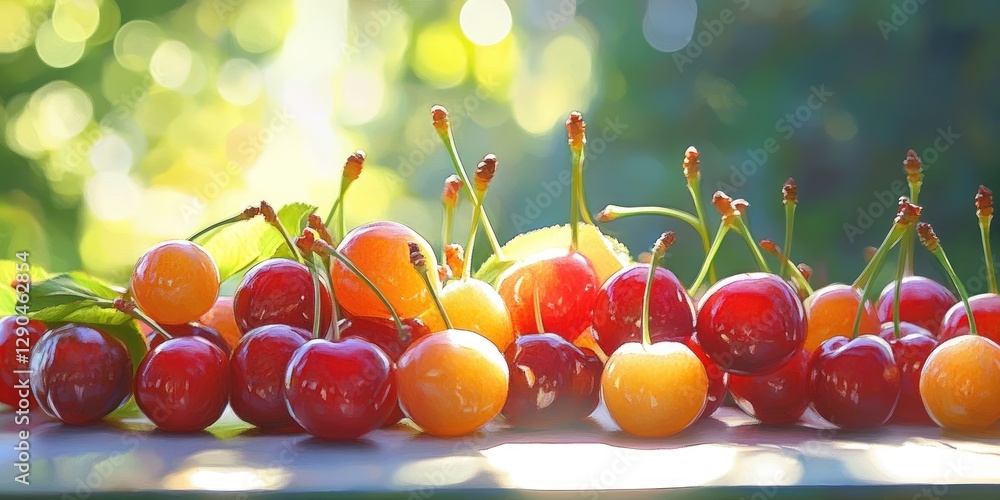 Poster vibrant assortment of ripe red and yellow cherries arranged on a soft surface with a blurred green b