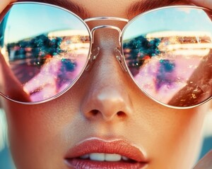 Contemporary Urban Lifestyle Trendy Korean Woman in Oversized Sunglasses Reflecting Cityscape Fashion Branding and Influencer Marketing Visual Content