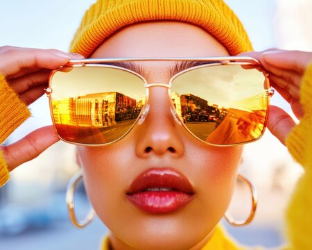 Golden Hour City Chic Stylish Korean Woman in Vibrant Knitwear Adjusting Oversized Sunglasses for Dynamic Lifestyle Reel - Elevate Fashion Branding and Urban Influencer Content Creation - Powered by Adobe