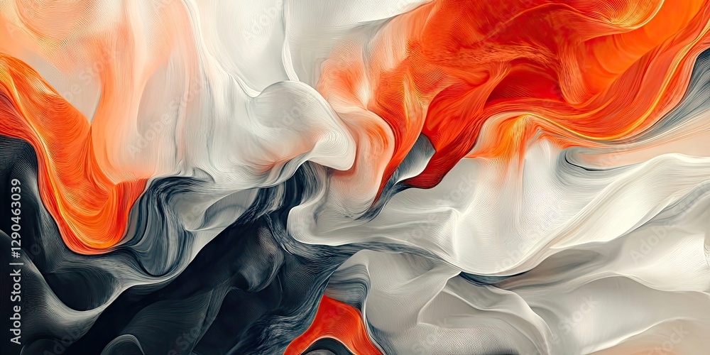 Poster abstract art composition featuring flowing waves of orange, white, and deep black hues, creating a d