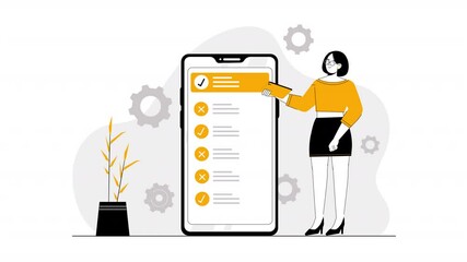 2D flat character scene animation illustrating a person engaging with an online survey, selecting answers, and submitting responses, with characters participating in market research.