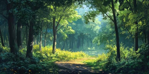 Obraz premium Lush green forest scenery with sunlight filtering through vibrant foliage illuminating a serene pathway surrounded by verdant undergrowth.