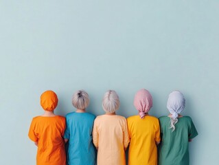 Colorful Cohesion Diverse Medical Professionals in Vibrant Scrubs, United for Teamwork - Enhancing Healthcare Collaboration and Diversity Advocacy with Textile Design in Professional Spaces