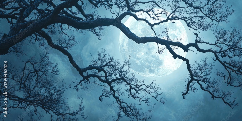 Poster bare tree branches in silhouette against a large glowing moon fill the top half of the image while a