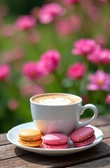 Fototapeta premium Cappuccino with macarons and blurred pink flowers background in a sunny garden