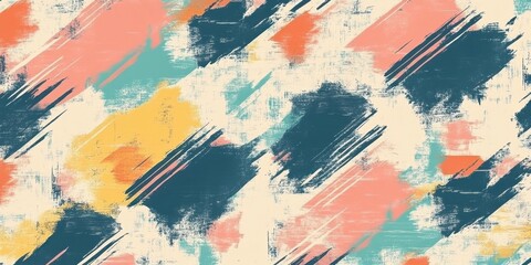 Fototapeta premium Abstract seamless pattern in hues of teal, coral, and mustard featuring bold brush strokes on a light beige background ideal for modern design applications.