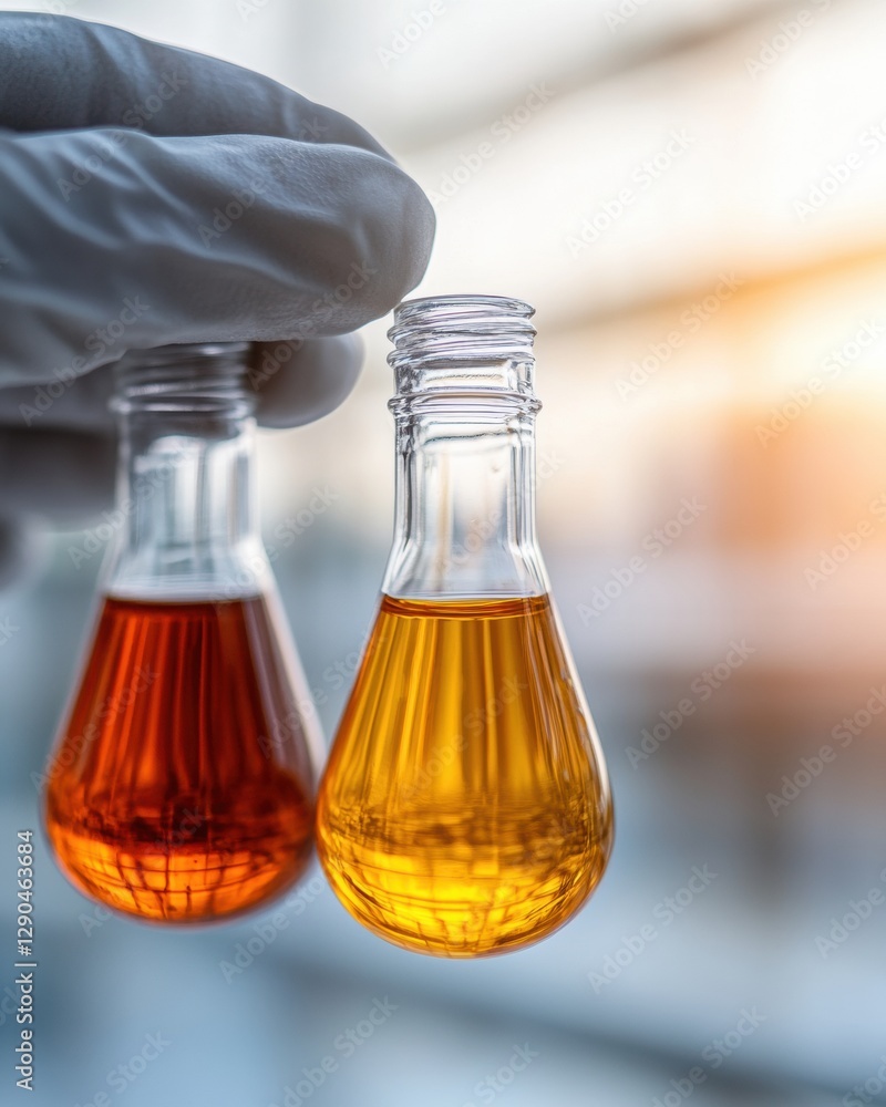 Aufkleber modern scientific workspace precision glass flasks with warm solutions against blurred lab backgroun