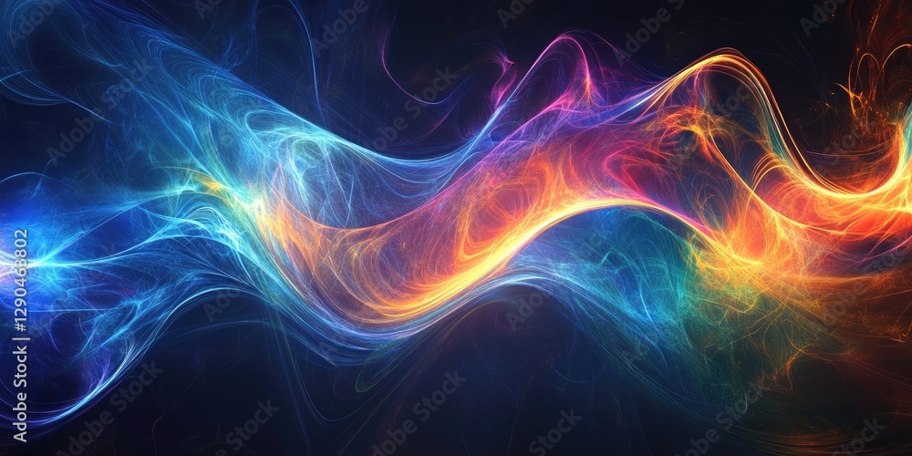 Poster vibrant swirling abstract waves of blue, orange, and pink on a dark background with ethereal light t