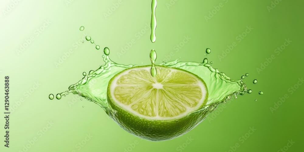 Poster fresh lime slice splashing vibrant juice droplets against a bright green background symbolizing refr