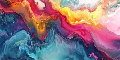 Vibrant abstract waves of red, orange, pink, and blue swirl together creating a dynamic flow of colors and textures against a soft background.