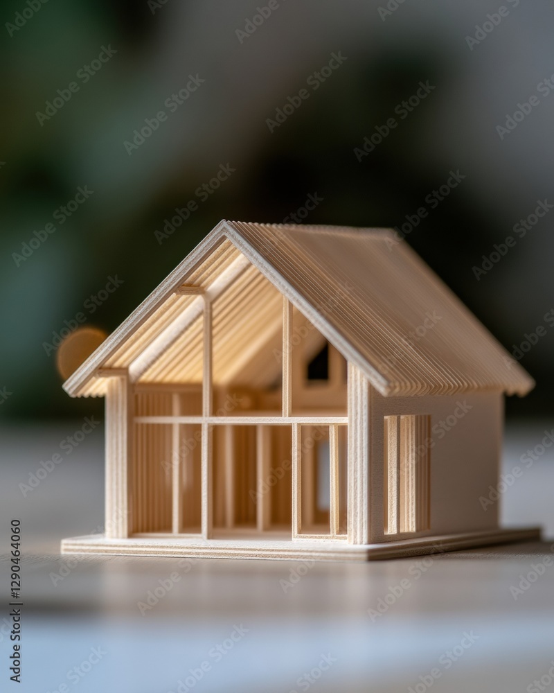 Aufkleber minimalist architectural model wooden scale house design with open framework - construction blueprin
