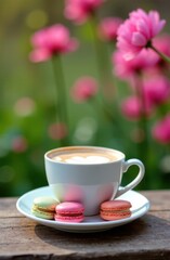 Cup of cappuccino with macarons and pink flowers in the background