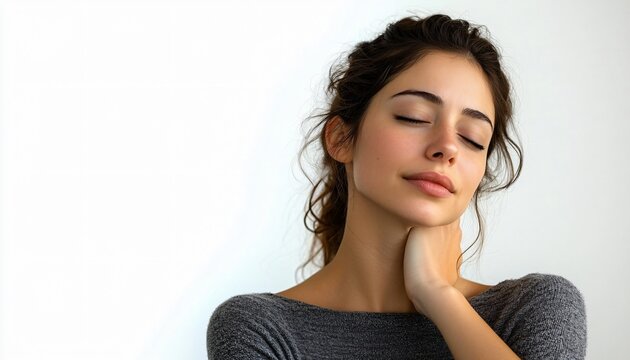 A reflective portrait of a woman gently massaging her shoulder pain, ideal for wellness campaigns and Fibromyalgia awareness, especially for World Fibromyalgia Day.