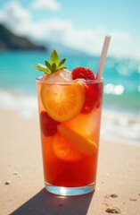 Refreshing summer cocktail sitting on tropical beach sand