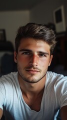 Obraz premium Portrait of a young man with light brown hair posing indoors, wearing a white t-shirt, with a relaxed expression.