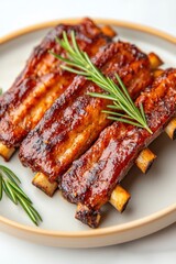 Artisanal BBQ Cuisine Rustic Grilled Ribs with Herb Garnish on Stoneware - Culinary Content for Gourmet Dining and Modern Culinary Arts Promotion