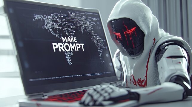 Cybernetic Robot Working On Laptop With Make Prompt Text On Screen