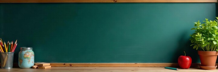 Blackboard with double border, school supplies nearby, school, border