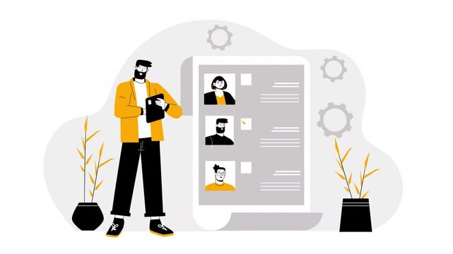 Vector character scene animation where individuals interact with an online survey, filling out forms and providing feedback, while the platform processes the data for analysis.