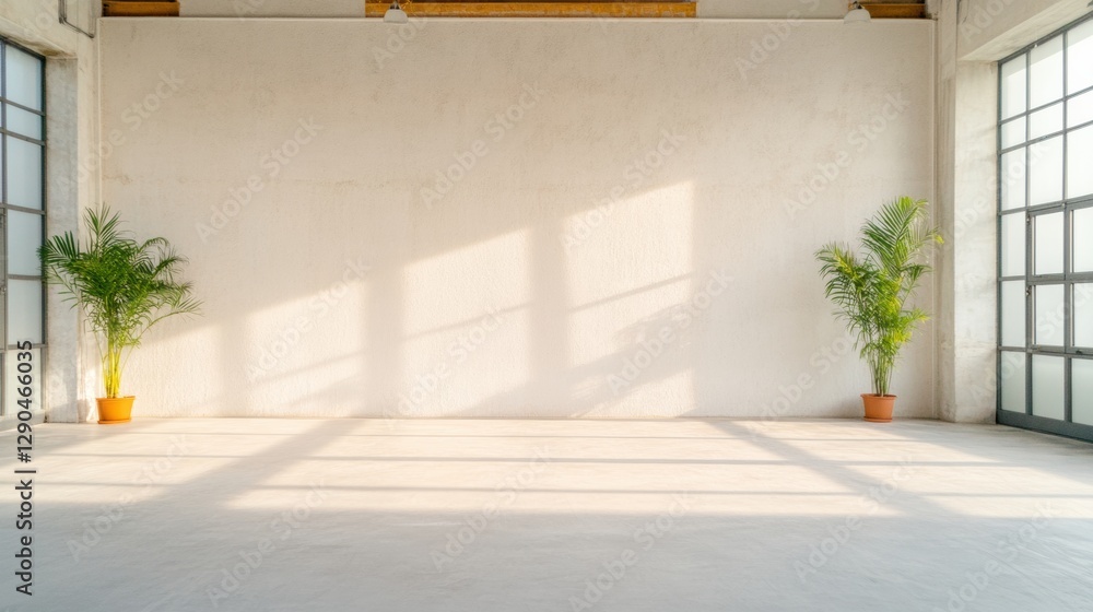Aufkleber minimalist flex offices sunlit concrete and greenery in open coworking layout - modern workspace des
