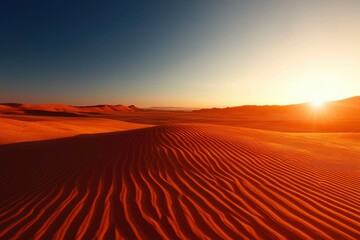 Desert landscape at sunset with sand dunes and orange sunlight for travel ads