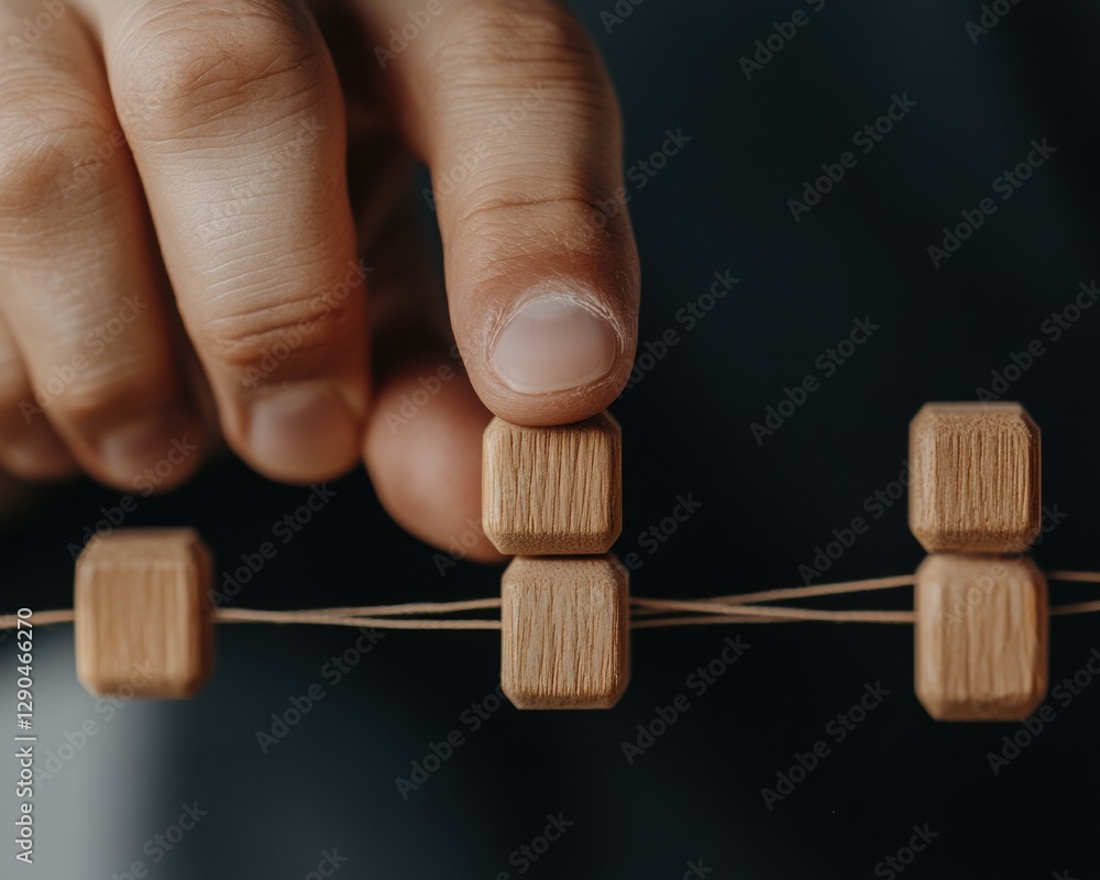 Poster Modern Collaborative Strategy Visualization Hand with Wooden Figures and String in Organizational Chart - Business Innovation and Team Dynamics Content for Professional Networking