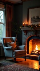 Fototapeta premium Cozy living room fireplace armchair, warm light, relaxation, home, warmth