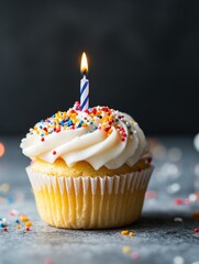 Vibrant Celebration Cupcake with Candle Dramatic Dessert for Event Planning and Gourmet Marketing Capturing Milestones in Specialty Catering