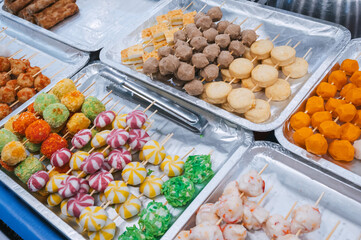 fast food at the vietnamese night market in Vietnam. Traditional asian street food on the counter in Asia